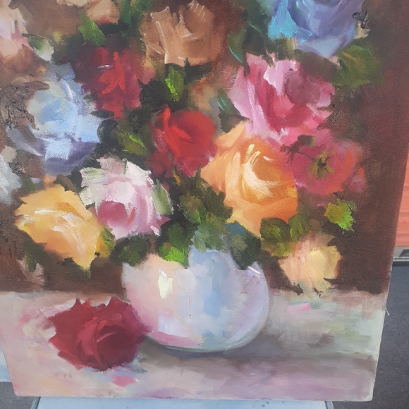 Orig Pink RED Blue Roses Floral Oil Painting ART 16x20 Romantic Lavende… - Picture 7 of 9